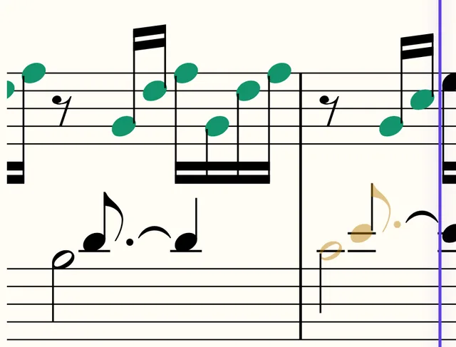 Two bars of the score close up: notes played clean in green, two held notes in gold