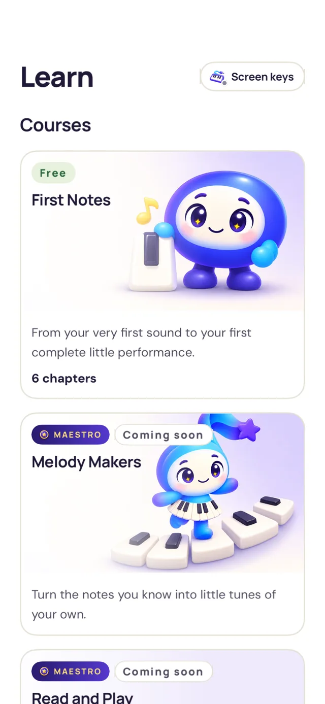 The Learn tab: First Notes marked Free, six chapters, and Melody Makers below it marked Maestro and Coming soon