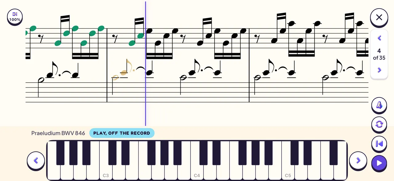 Praeludium BWV 846 on the practice screen, Play, off the record: the notes already played are marked on the score above the piano keys