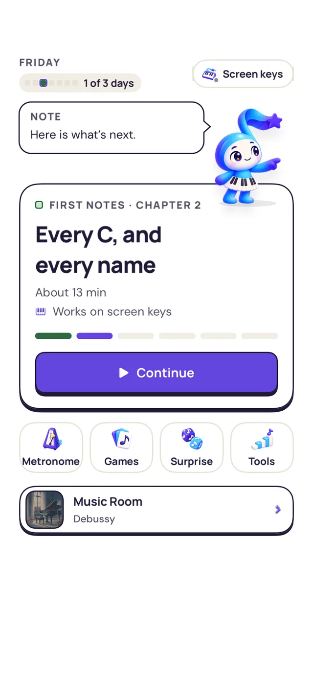 The Today tab with the one next step to practise