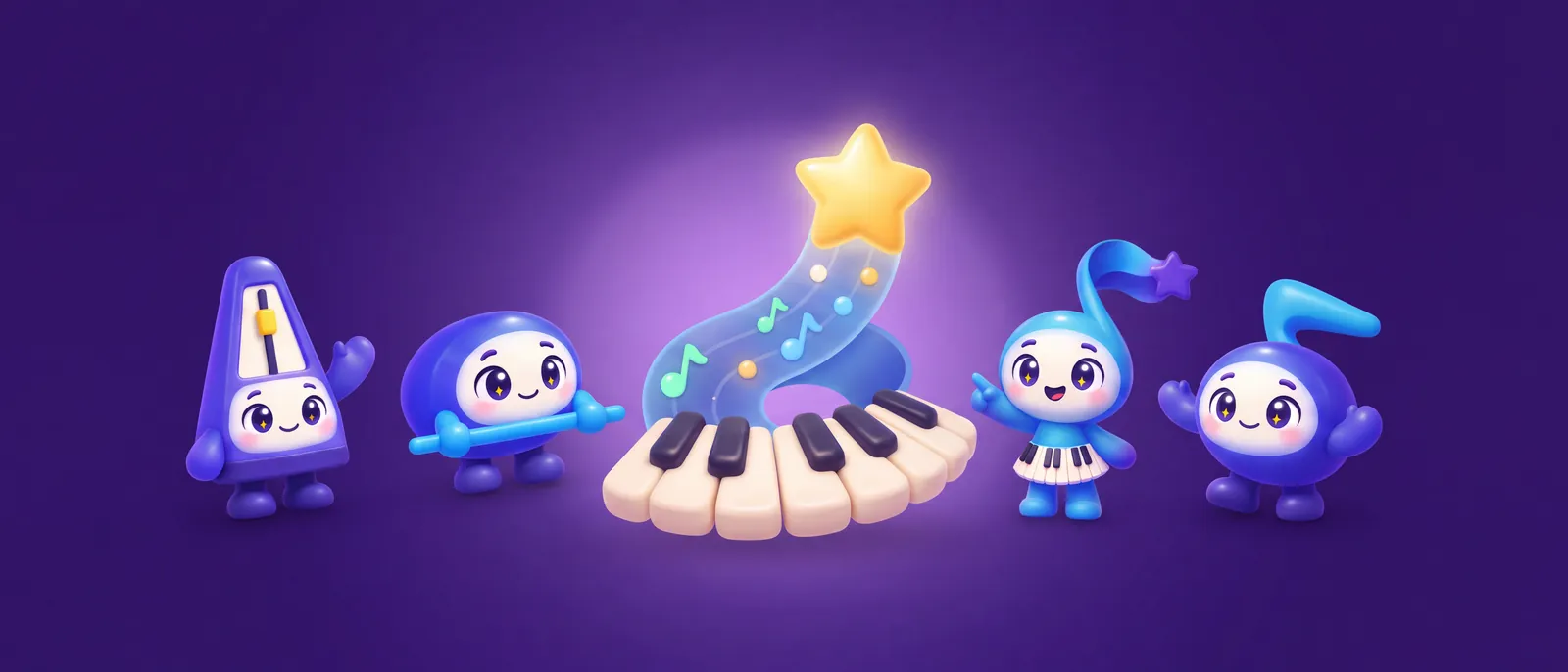 Tock, Hold, Note and Swell around a piano under a shooting star